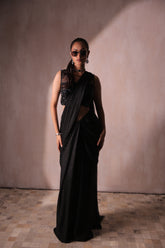 Black Glitter Pre-Draped Saree with Sequin Embroidered Blouse | Ready-to-Wear Cocktail Sari
